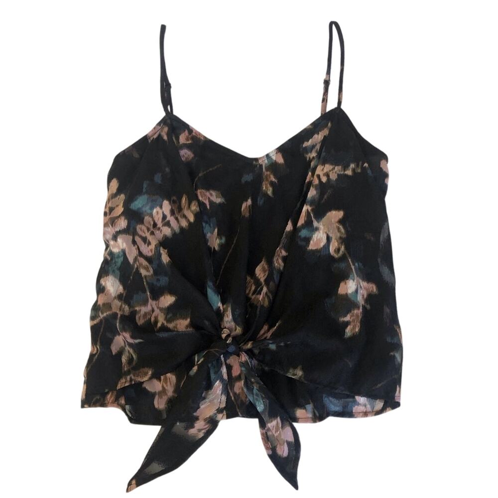 NWT Willow & Clay Black Floral Tank Top Front Tie Spaghetti Strap Lined - Picture 5 of 16